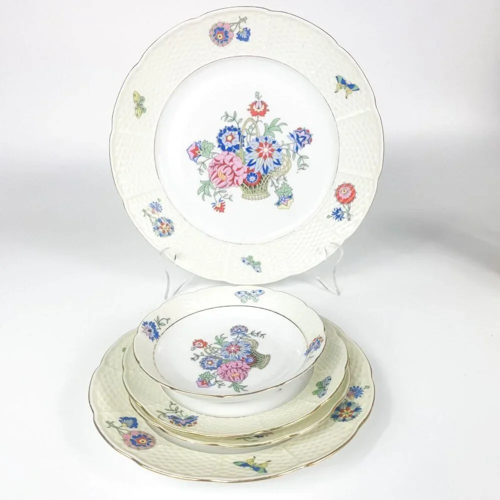 Tk Thun Czechoslovakia Floral & Butterfly Plates W/ Basket Weave Border Set Of 6